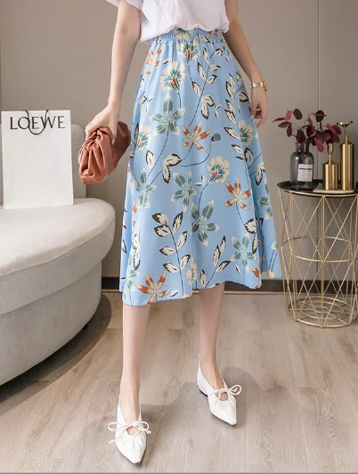 blue  wholesale high waist floral chiffon print skirt wool skirt sturdy