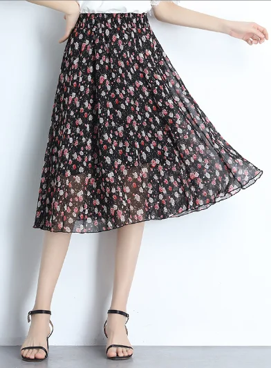 casual summer Joker floral long thin high waist Korean version big pendulum A word skirt pleated skirt texture