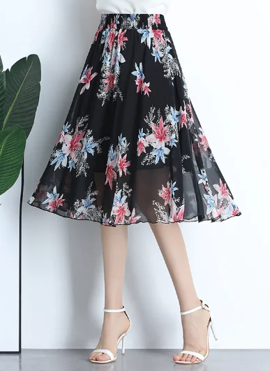 chiffon skirt women Joker floral long thin high waist A word skirt velvet skirt luxurious