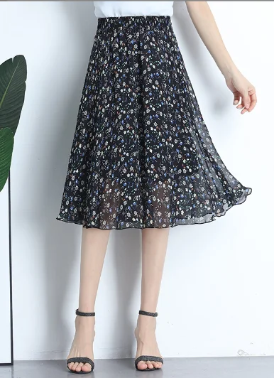 Summer Skirt Female Joker Floral Long Thin High-waisted Korean version of A-shaped skirt corduroy skirt durable