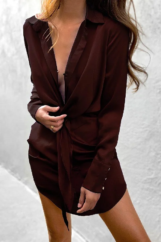 Aja Mini Dress - Chocolate Cozy Satin Mini Dress