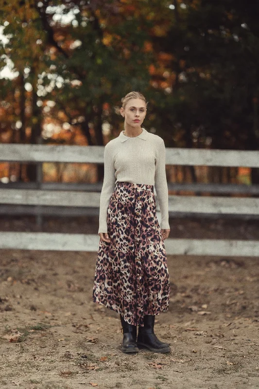 Asymmetrical Pleat Skirt-Leopard Print cotton skirt soft