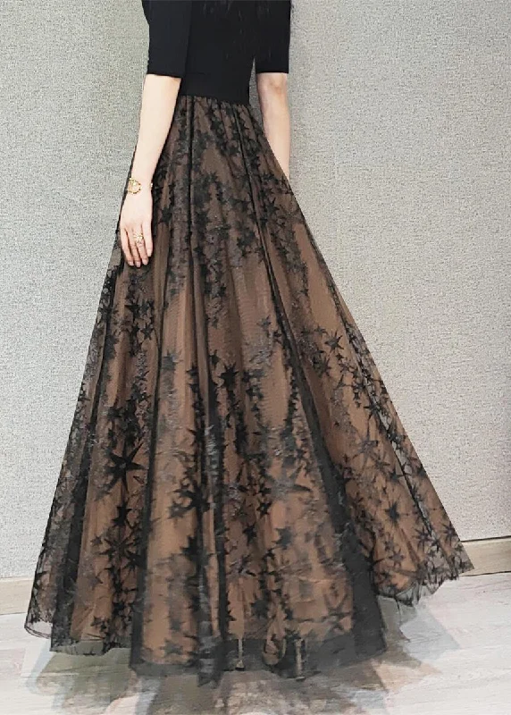 Beautiful Chocolate Embroideried Floral High Waist Flatering Tulle Maxi Skirt Spring leather skirt bold