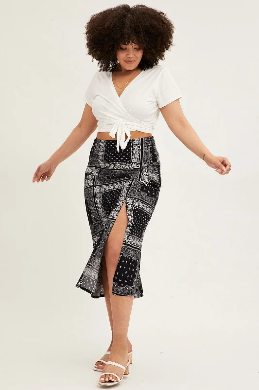 Black Boho Midi Skirt Bias Bandana Print Split denim skirt durable