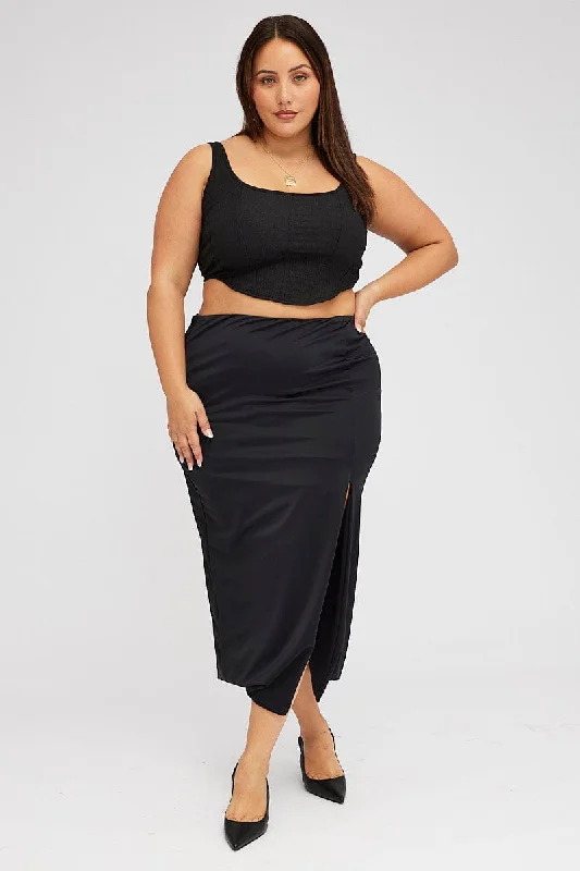 Black High Split Long Skirt Jersey pleated skirt texture