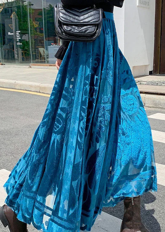 Blue Jacquard Velour pleated skirt Winter wrap skirt elegant