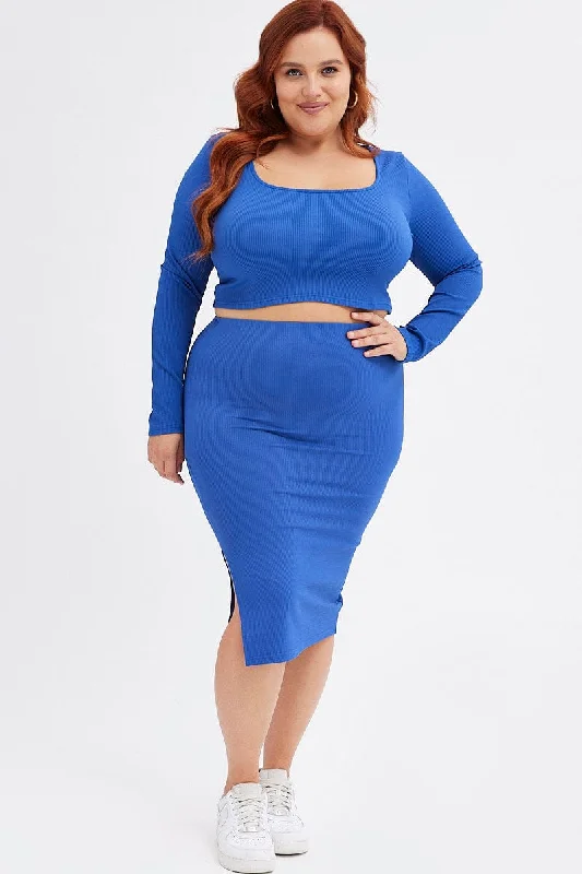 Blue Midi Skirt Rib Jersey Seamless Look midi skirt versatile