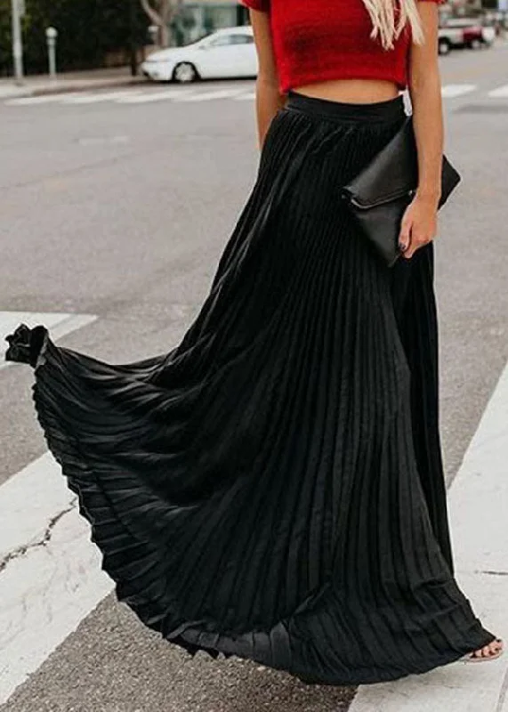 Boho Solid Black Elastic Waist Chiffon Pleated Skirts summer leather skirt refined