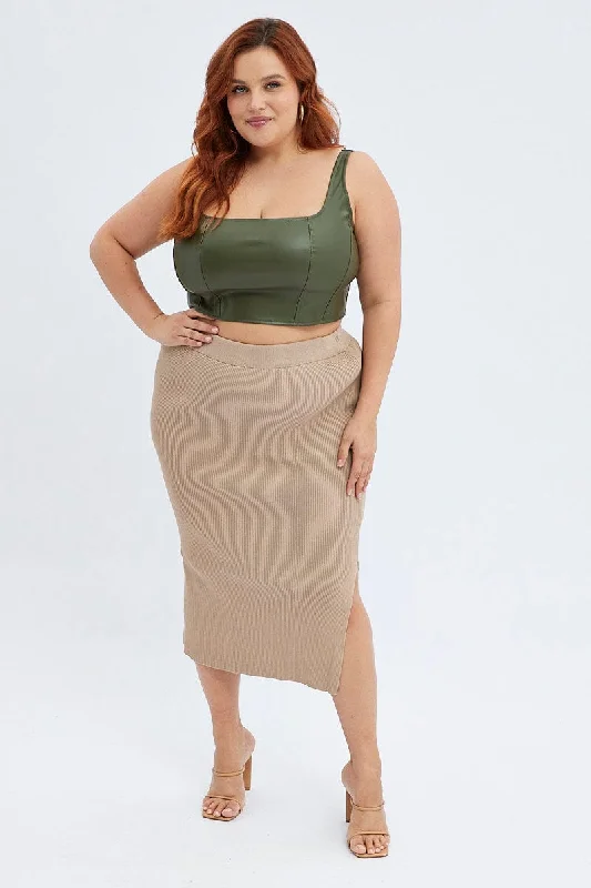 Camel Knit Skirt Midi Side Split silk skirt sleek