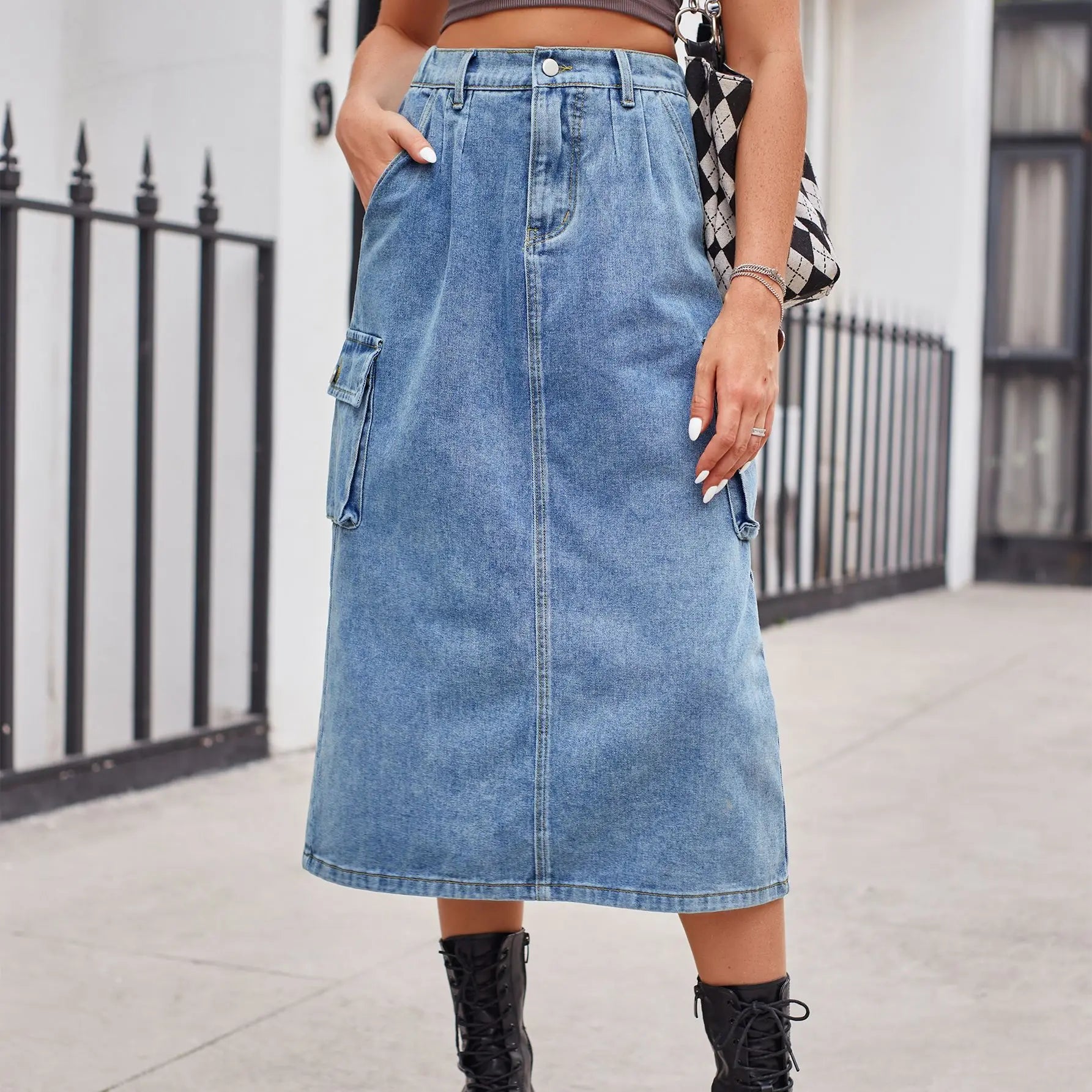 2024 Straight Long Denim High Waist Button Pockets Split Retro Maxi Skirt corduroy skirt cozy