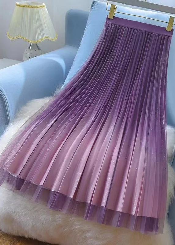 Fashion Purple Gradient Wrinkled High Waist Tulle Skirt Spring floral skirt print