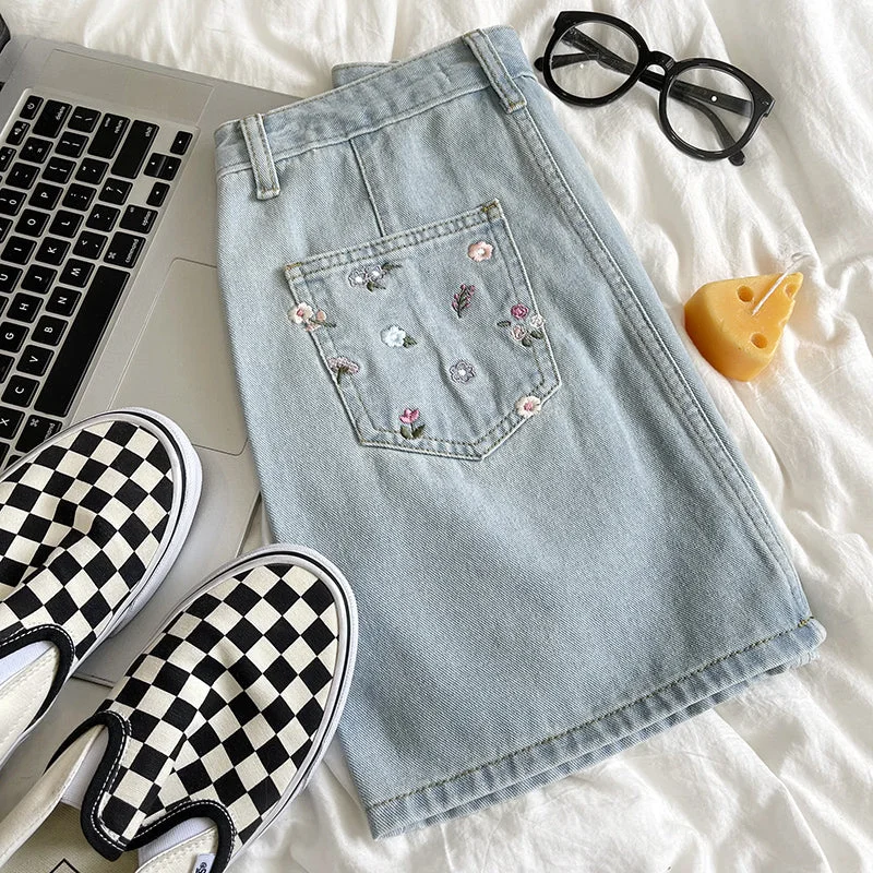 Flower Pocket Denim Skirt (Light Blue) seamless skirt comfort