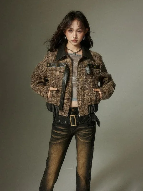 Fragrant Plaid Leather Jacket With Small Splicing Fleece Jacket Down Jacket Parka