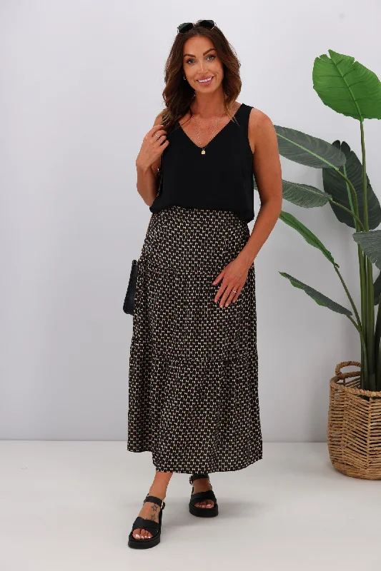 Gloss by Shine On Lucerne Tiered Maxi Skirt Black Natural Geo denim skirt classic