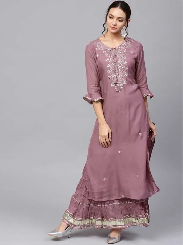 Women's Mauve Pink Rayon Kurta with Skirt by Ishin (2pcs Set) high slit skirt