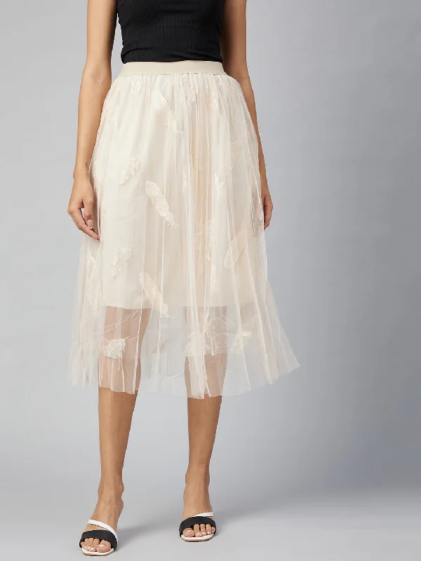 Women's Beige Self Embroidered Net Skirt With Lining - Stylestone lace skirt feminine