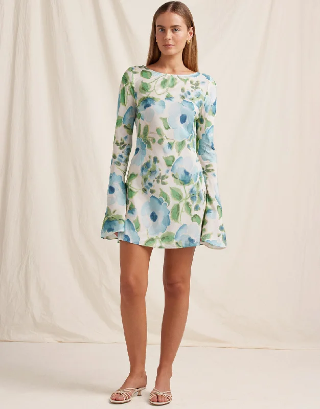 Isles Memento Long Sleeve Mini Dress - Watercolour Chic Puff Sleeve Mini Dress