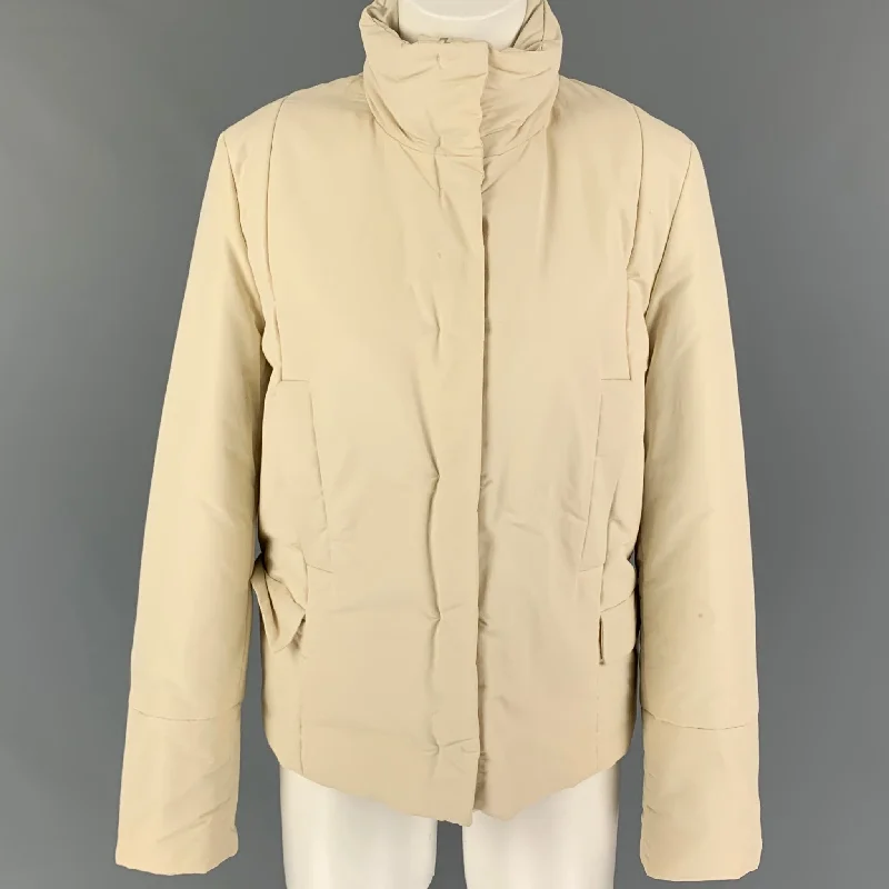 JIL SANDER Size 6 Cream Cotton Blend Hidden Hood Jacket Cotton Jacket Linen Jacket Terry Jacket