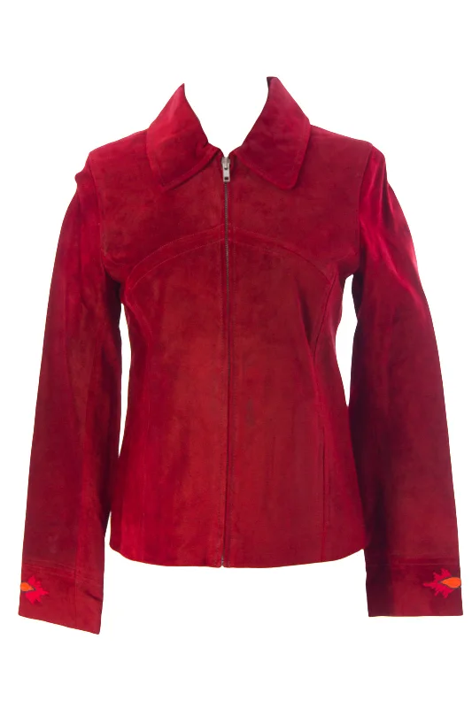 LUCIANO ABITBOUL Women's Cherry Red Floral Detailed Suede Jacket $545 NEW Hoodie Zip-Up Jacket Button-Up Jacket