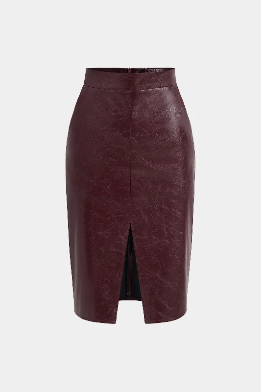 Faux Leather High Waist Split Skirt leather skirt bold