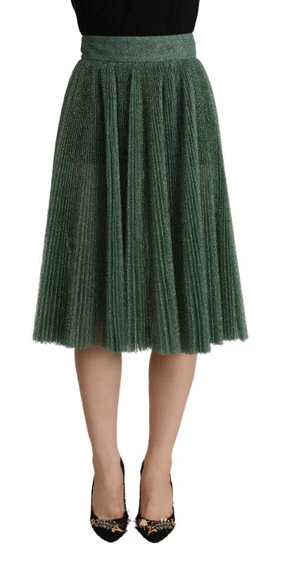 Dolce & Gabbana Metallic Green Pleated A-Line Midi Skirt leather skirt sleek