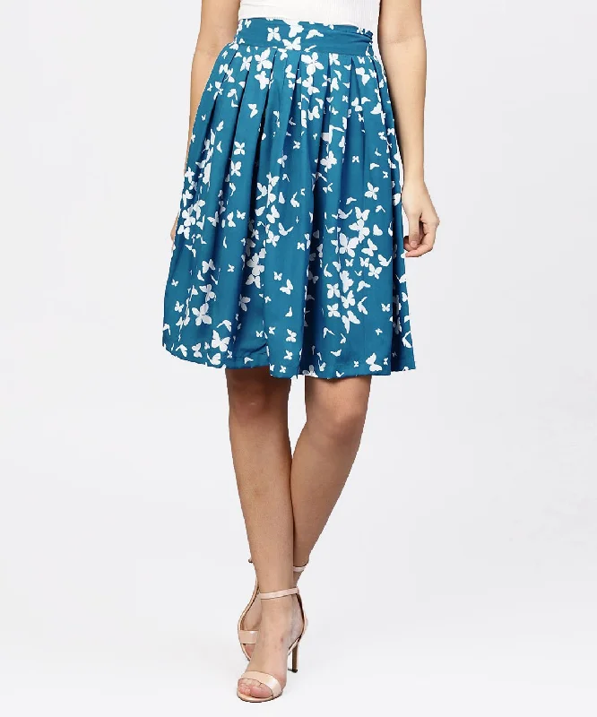 NOZ2TOZ Blue Butterfly Printed Box Pleated Skirt lace skirt romantic