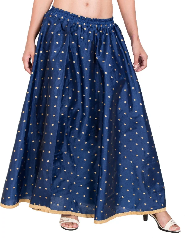 PAVONINE Navy Blue Color Golden Zari Work Satan Fabric Maxi Skirt For Women pleated skirt texture