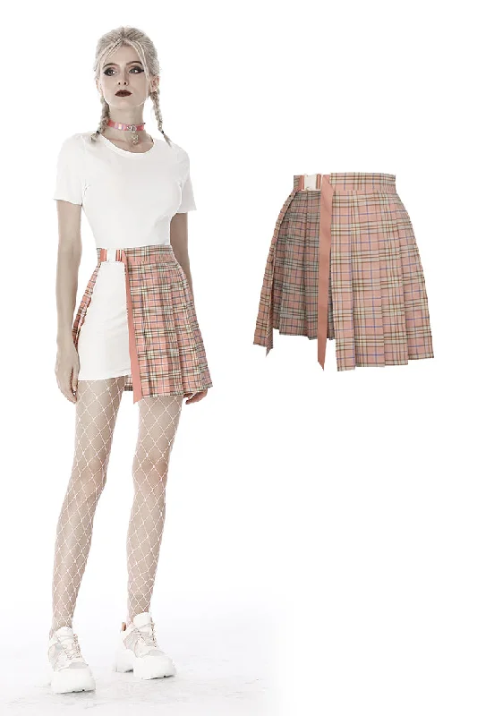 Pink checked hollow out pleated short skirt KW171 denim skirt classic