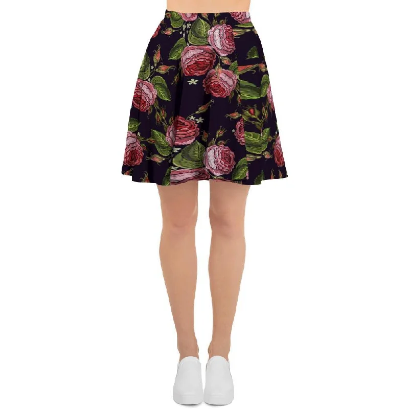 Pink Rose Print Women's Skirt wool skirt breathable