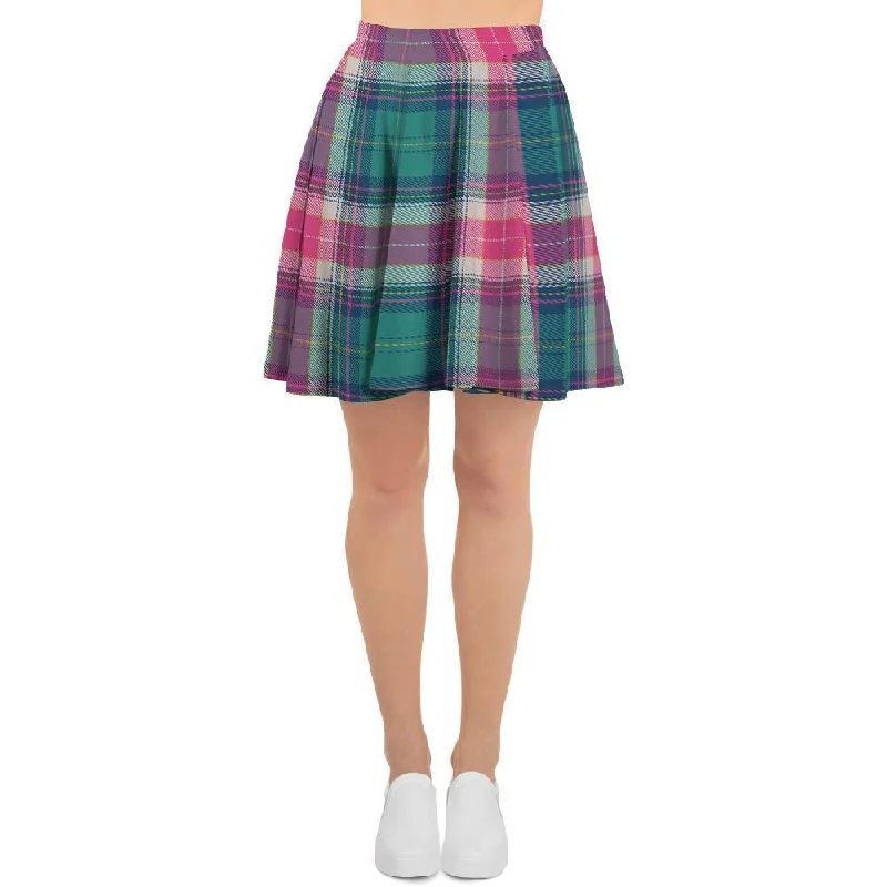 Pink Teal Plaid Tartan Women's Skirt wool skirt breathable