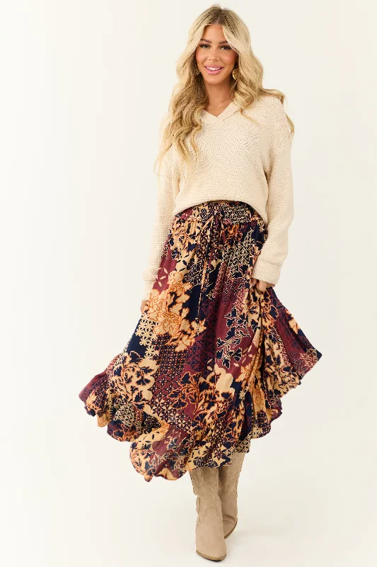 Sangria Abstract Floral Print Maxi Skirt cashmere skirt rich