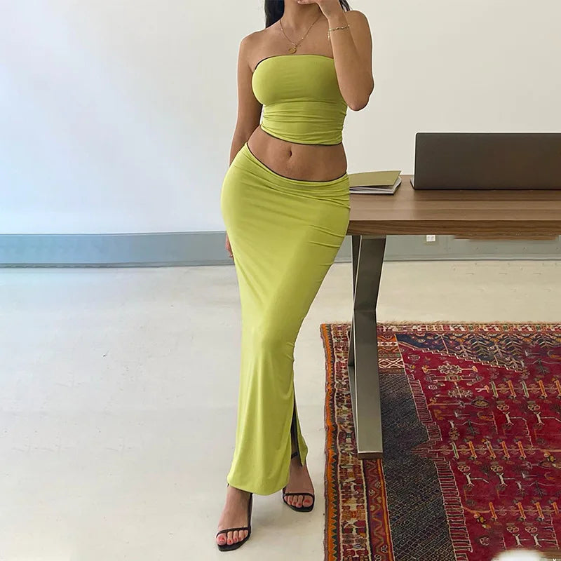 Sexy Party Y2K Beach Strapless Crop Top And Long Bodycon Skirt modal blend skirt