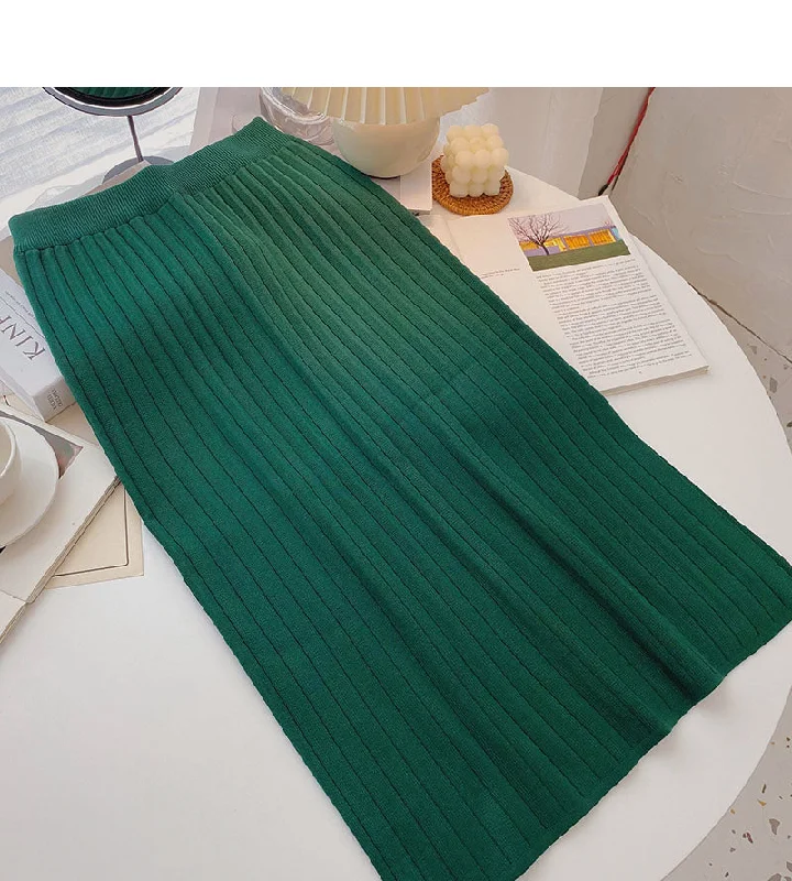 Simple and versatile thread knitted high waist split A-line skirt  5752 linen skirt light