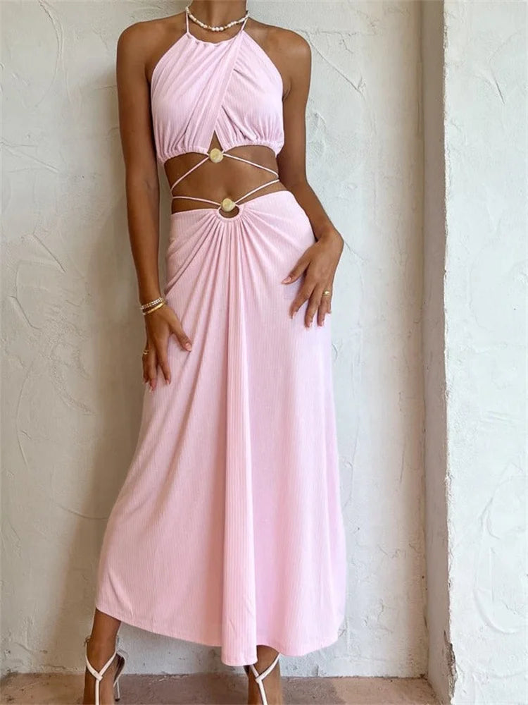 JuliaFashion - Solid Color Halter Backless Tank Crop Tops Long Skirts Suits lace skirt delicate