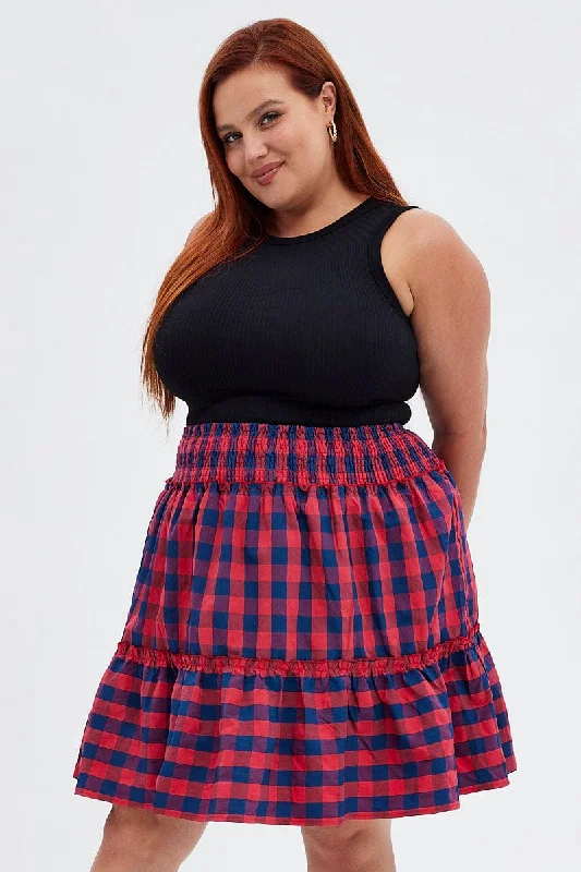 Stripe Shirred Waist Check Skater Skirt patchwork skirt art