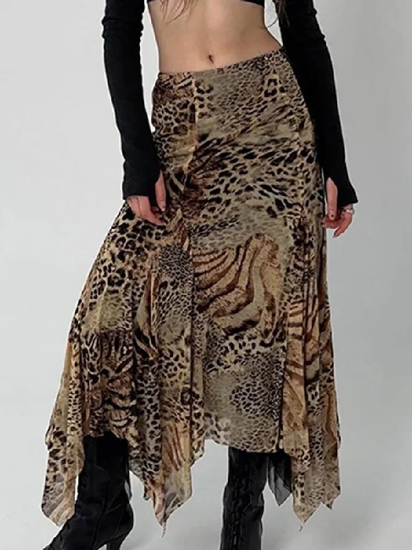 Vintage Leopard Print Asymmetrical Hem Midi Skirt leather skirt bold