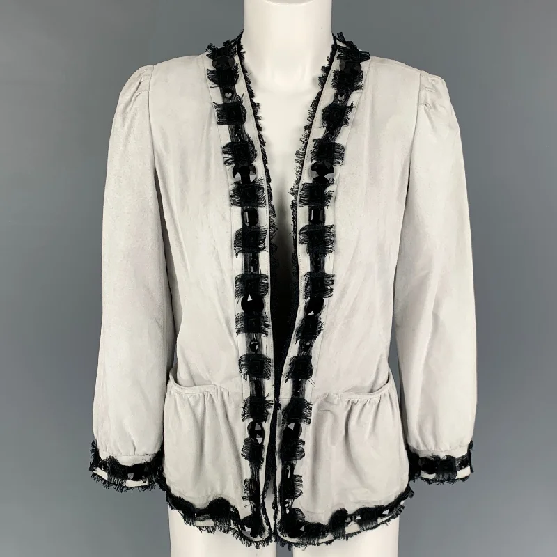 YVES SAINT LAURENT Size 6 Off White Black Leather Beaded Jacket Snapped Jacket Toggled Jacket Drawstring Jacket